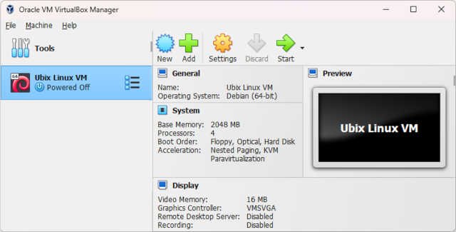 VirtualBox Manager with new VM
